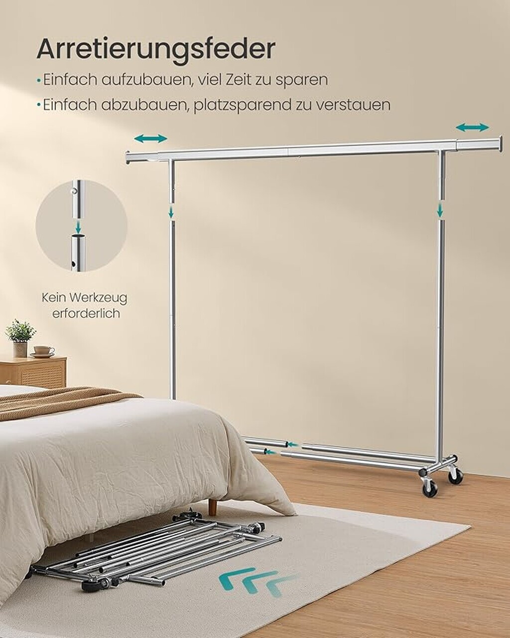 Suport mobil si extensibil pentru umerase, Songmics, 160-200x45x161.5 cm, max 150 kg, otel/plastic, argintiu — imaginea 5