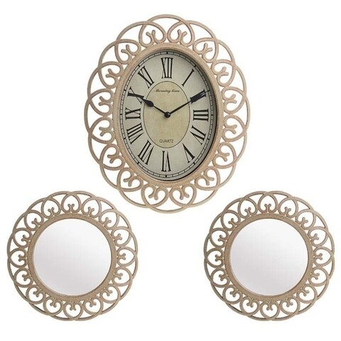 Set ceas de perete si 2 oglinzi decorative, InArt, 30 x 4 x 26 cm si 2 x 22 x 4 cm plastic, crem