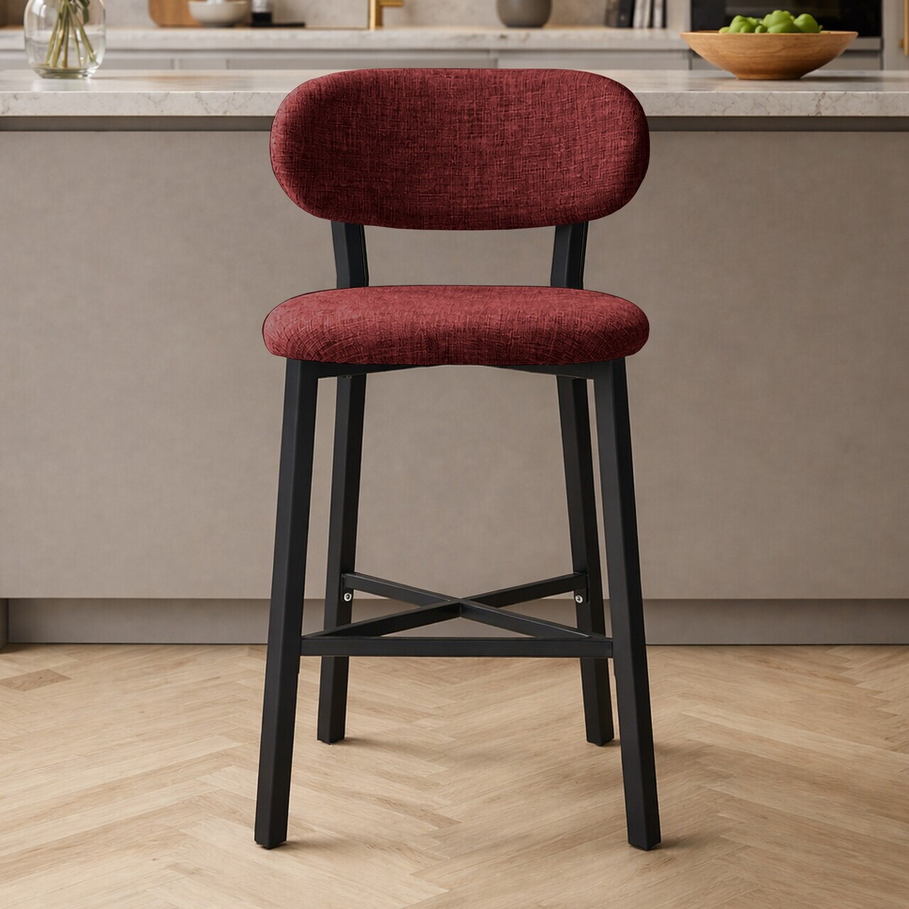 Scaun de bar, Hanah Home, Luna, 42x100x45 cm, Fier/Poliester/In, Bordo — imaginea 3