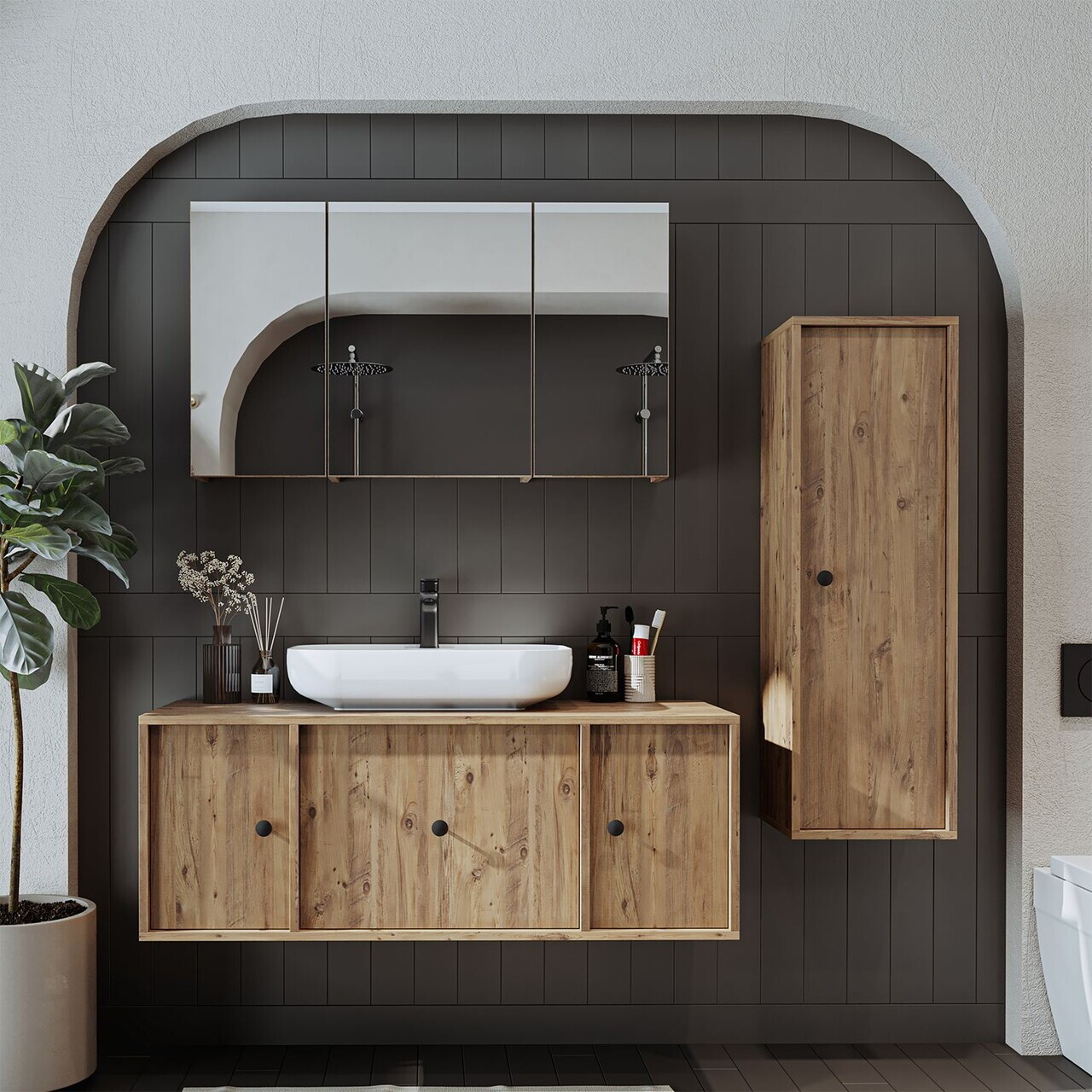 Set Dulap de Baie cu Chiuvetă și Oglindă (3 Piese), Hanah Home, 2577, MDF, Maro — imaginea 3