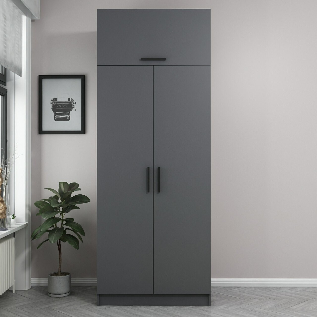 Dulap pentru haine, Minerva, Kale Anthracite, 90x255x52 cm, PAL, Antracit - 2 | YEO