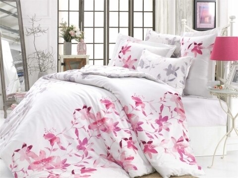 Lenjerie de pat dubla, 6 piese, 240x260 cm, 100% bumbac satinat, hobby, lucia fuchsia, alb/roz