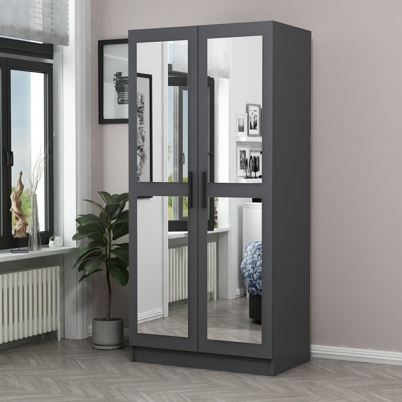 Dulap pentru haine, Minerva, Kale Mirror Anthracite, 90x210x52 cm, PAL, Antracit