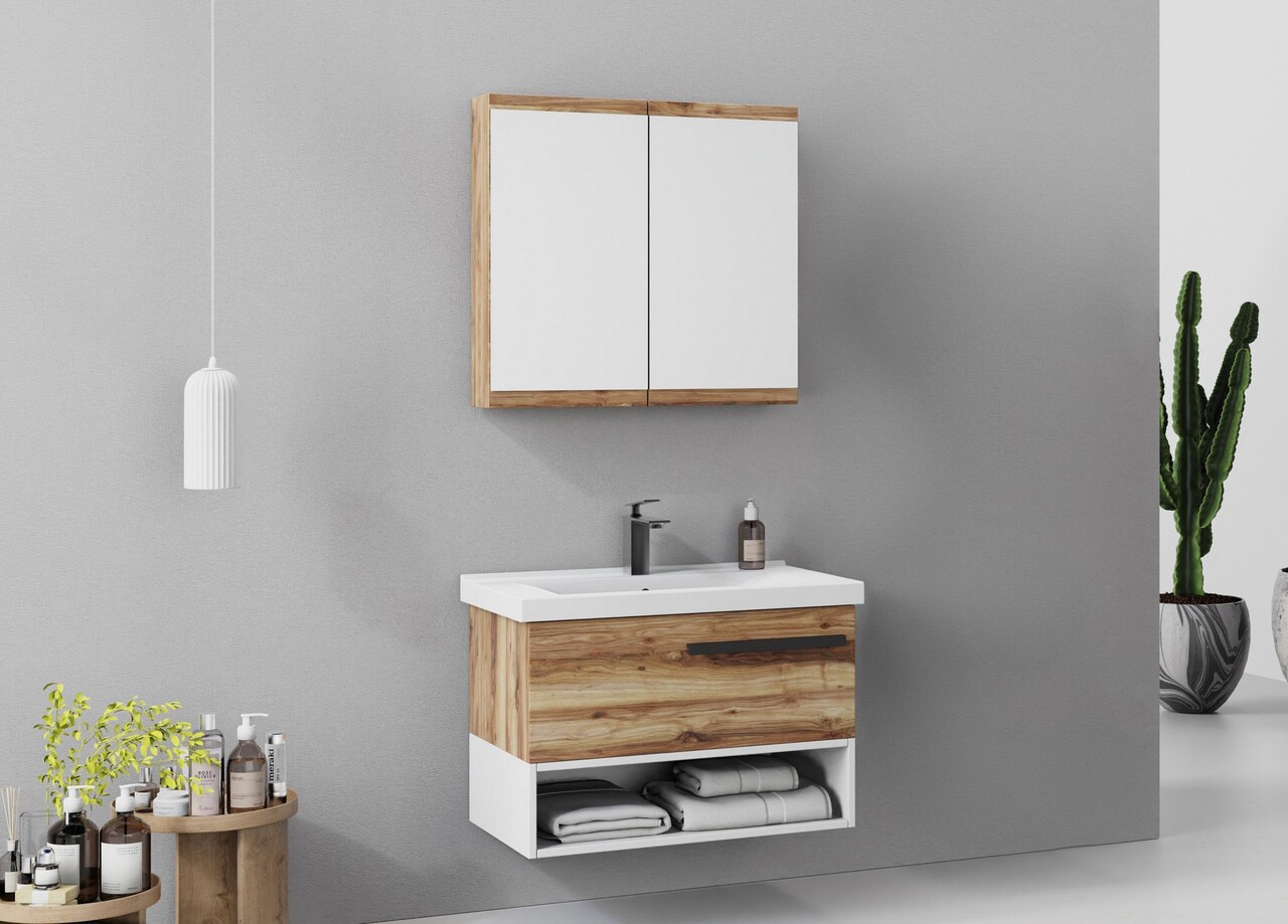 Set mobilier de baie (2 piese), Hanah Home, Blanc 80, Pin - view 2