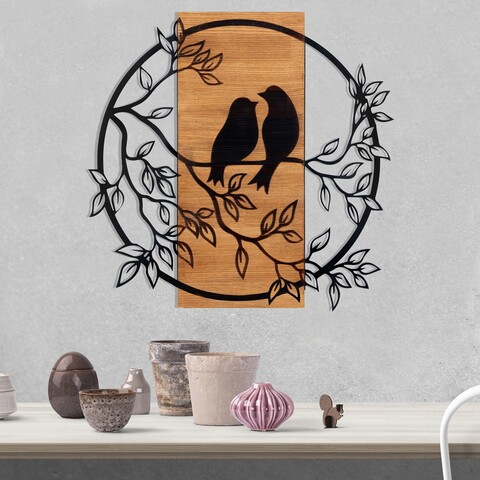 Decoratiune de perete, birds İn love 1, metal, cadru: 100% lemn (grosime: 3 cm), nuc negru