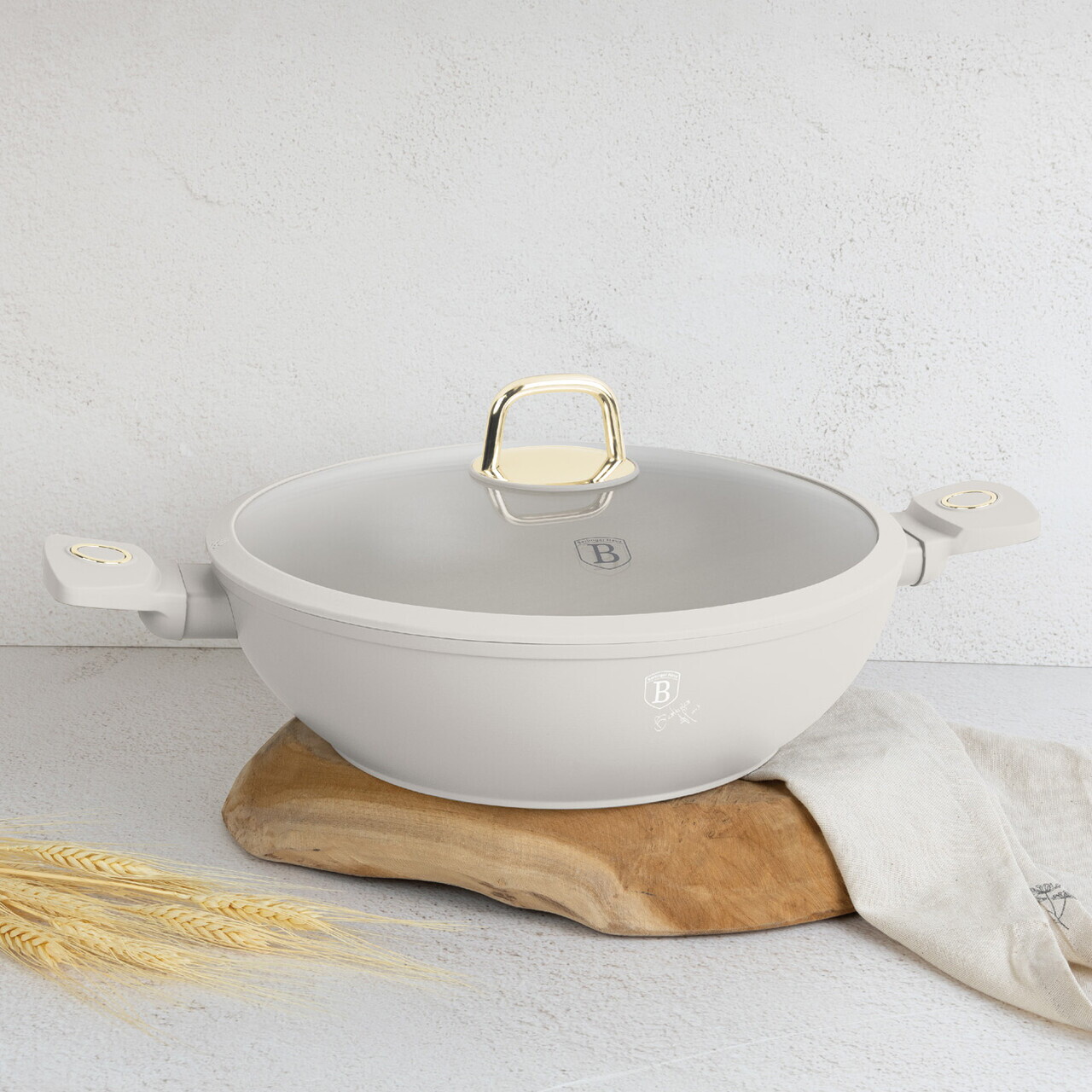 Tigaie Wok cu capac Berlinger Haus, Sahara, 30 cm, aluminiu forjat, crem mat - imagine 2