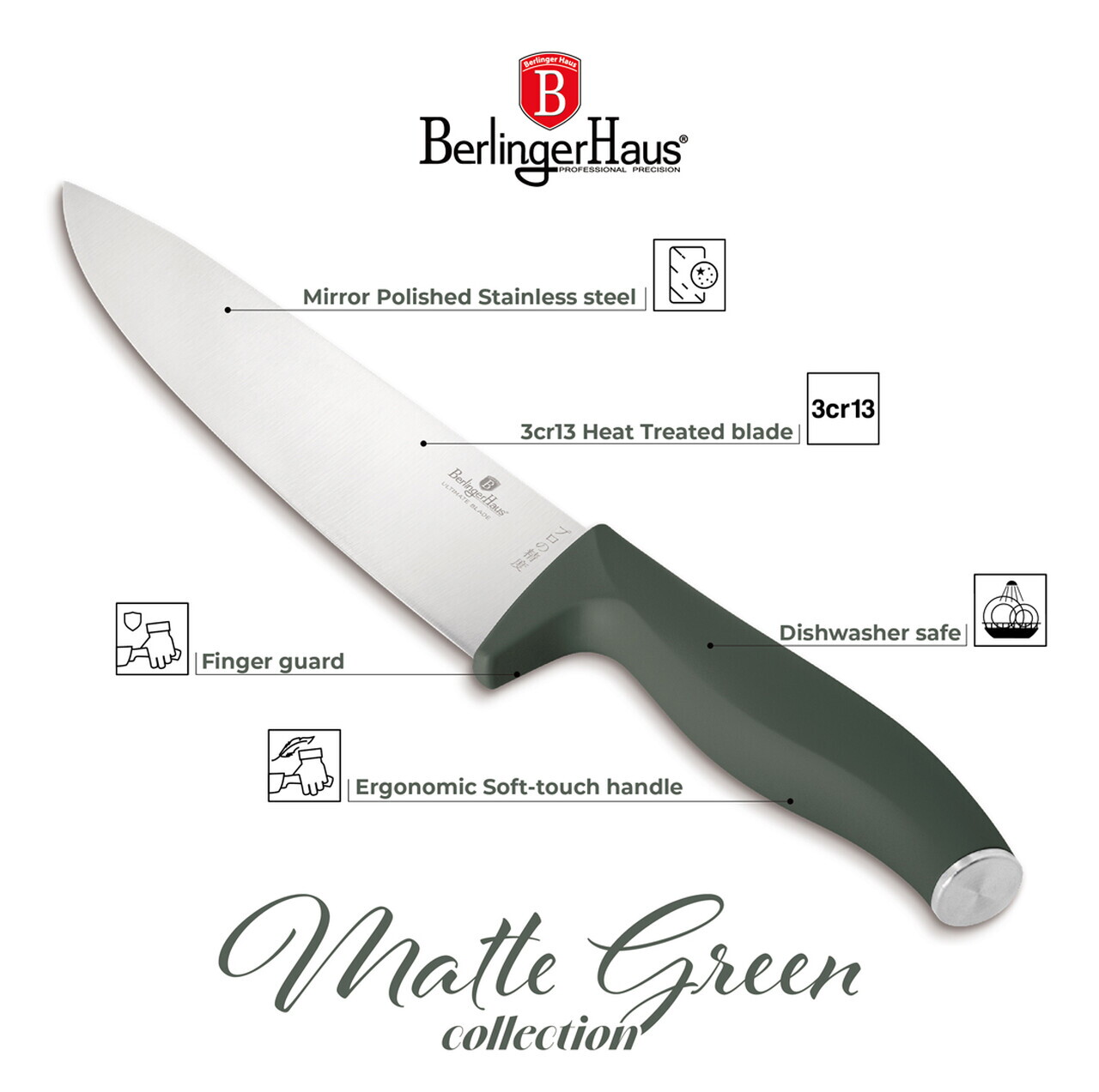 Set 9 cutite cu suport Berlinger Haus, Matte Green, inox/bambus, verde mat/natur - imagine 15