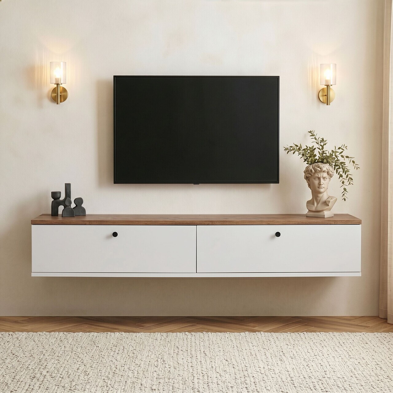 Comoda TV, Nordure, Ligne 160, 160x25x25 cm, Pin Atlantic / Alb — imaginea 2