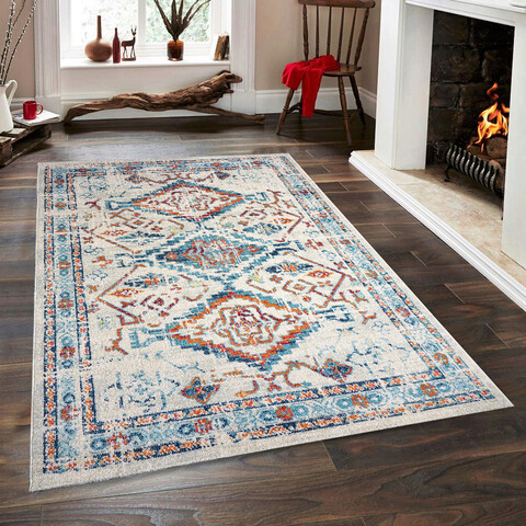 Covor, Vintage 7661 , 120×170 cm, Polipropilena, Alb / Turcoaz