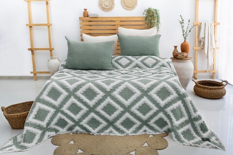 Set cuvertura pique dubla, Sonia - Green, Şaheser, 70% bumbac/30% poliester