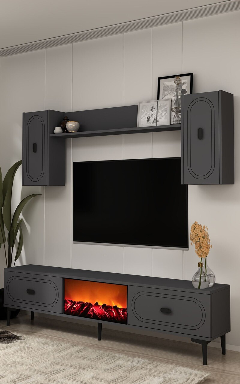 Comoda TV, Hanah Home, Weny Bohem Fireplace, 150x44.6x29.6 cm, PAL , Antracit - imagine 2