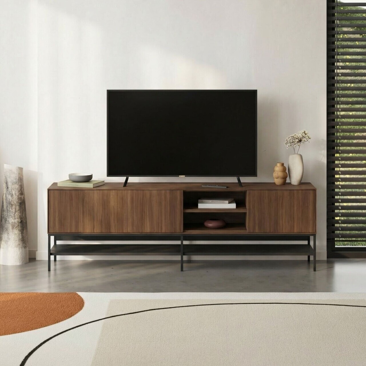Comoda TV, Hanah Home, Amira, 180x55x35 cm, PAL, Nuc Milano / Negru lemn / Negru — imaginea 2