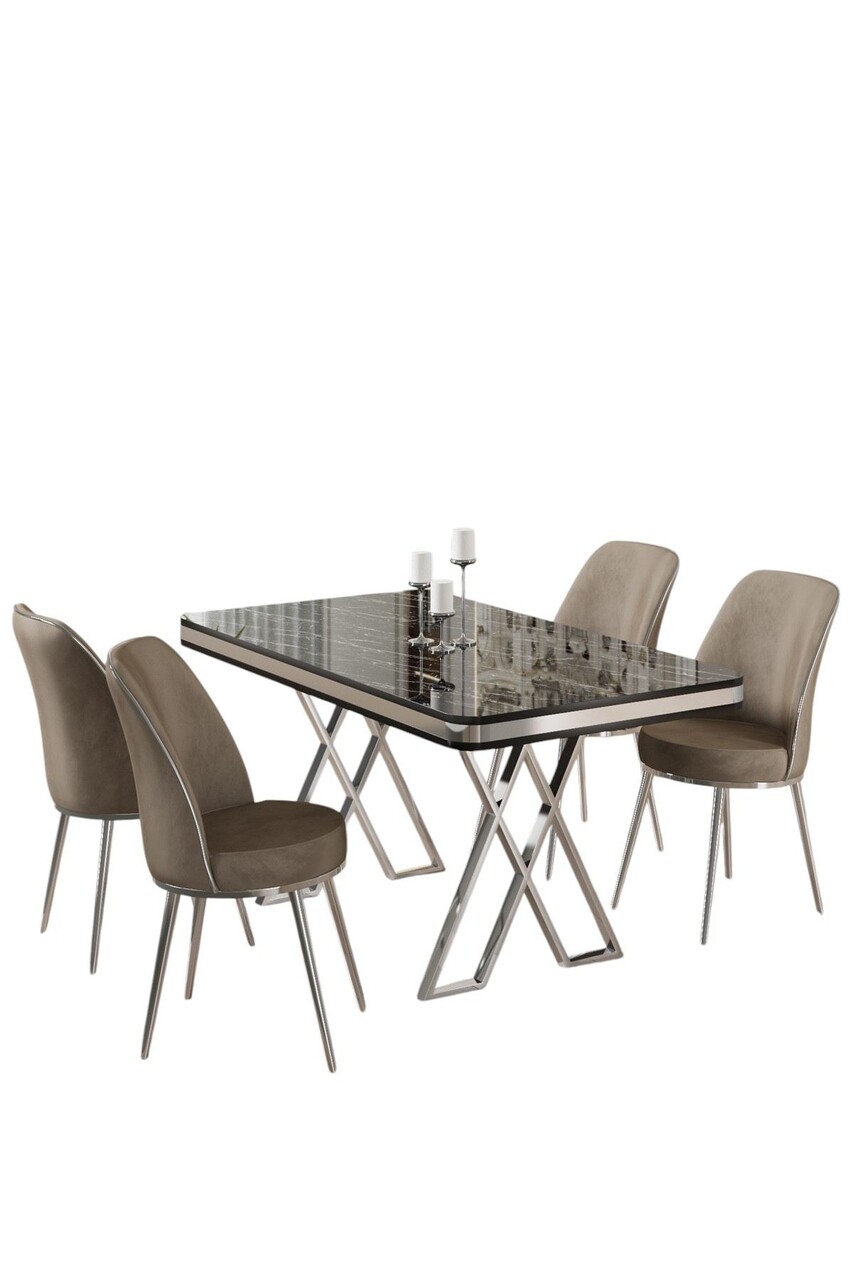 Set masă și scaune (5 bucăți), Hanah Home, Vals, Marmură neagră / Crom / Cappuccino - imagine 2