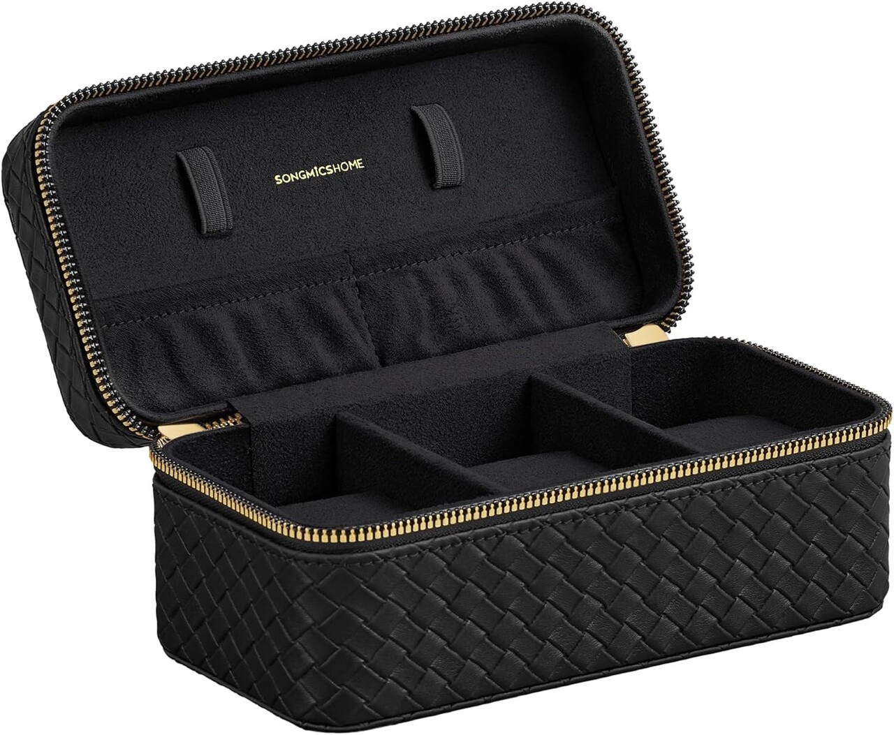 Cutie de voiaj pentru ceasuri Ronne Travel, Songmics, 20x11x9 cm, 3 compartimente, piele ecologica/metal, negru