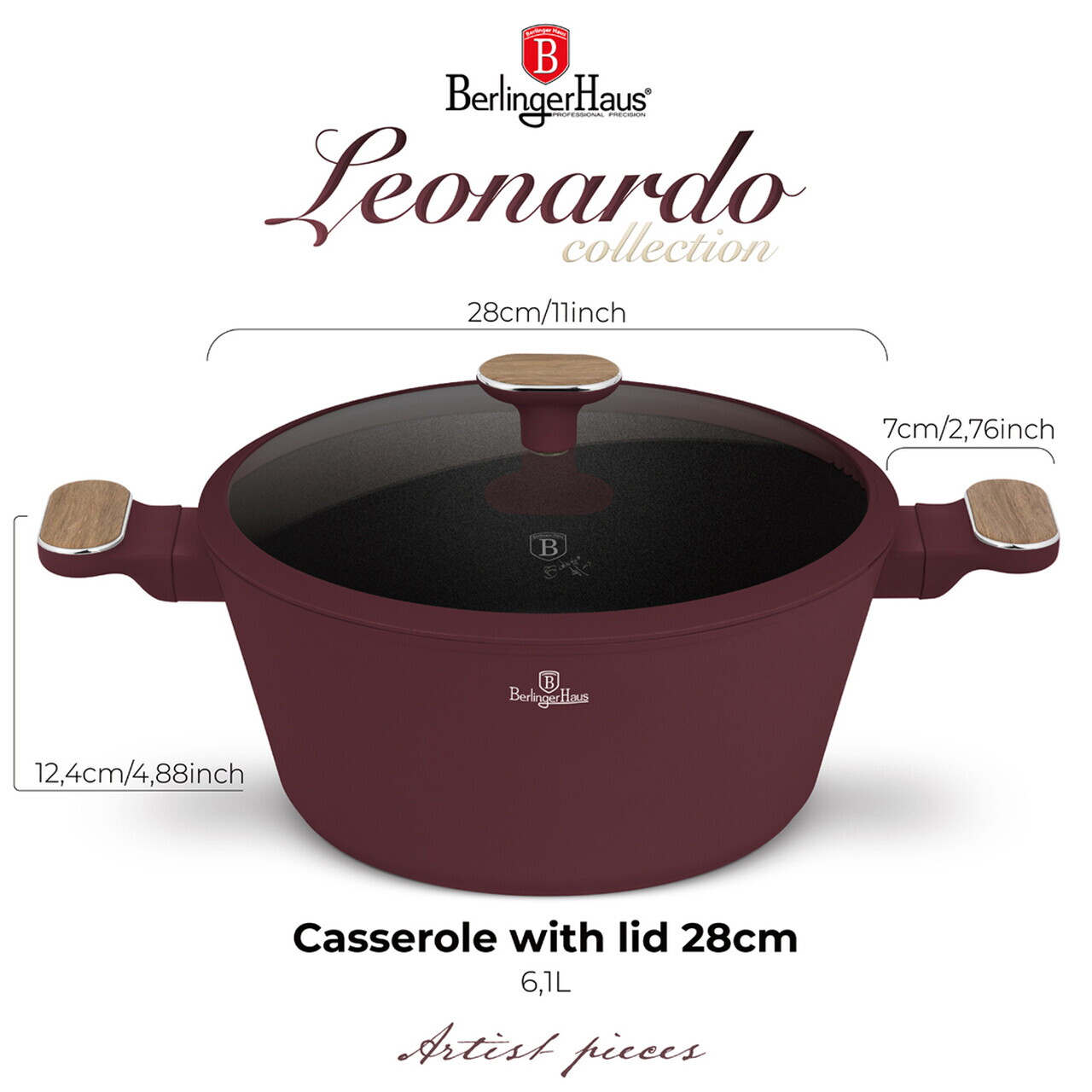 Oala cu capac Berlinger Haus, Leonardo Nordic, 28 cm, 6.3 L, aluminiu forjat, visiniu mat - imagine 13