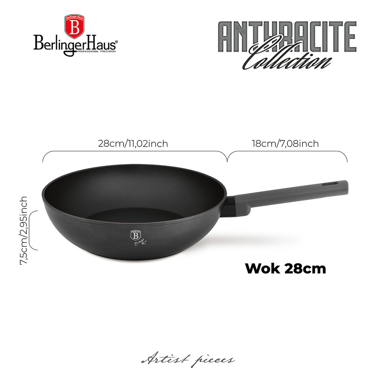 Tigaie Wok Berlinger Haus, Anthracite, 28 cm, 3.2 L, aluminiu forjat, antracit mat - imagine 8
