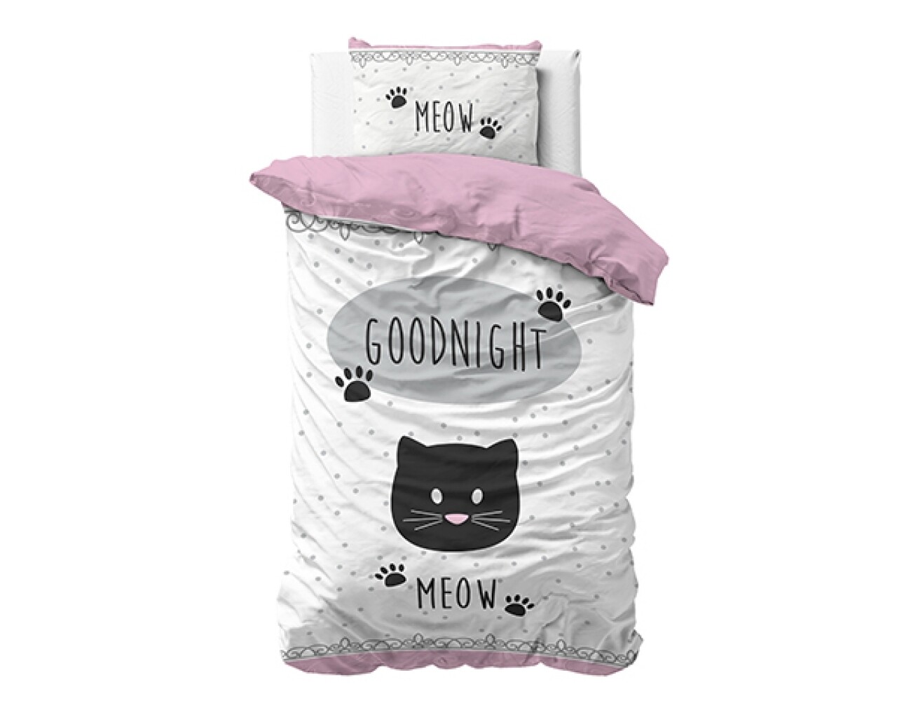 Lenjerie De Pat Pentru O Persoana, Goodnight Kitty Pink, Dreamhouse, 2 Piese, 100% Bumbac, Alb/roz/negru