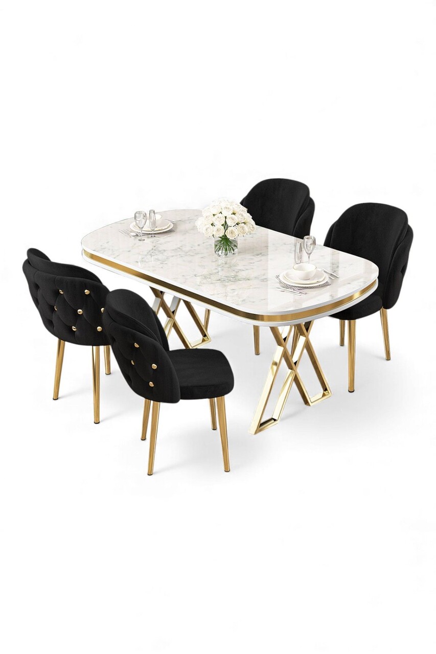 Set masă și scaune (5 bucăți), Hanah Home, Zae, Marmură albă / Auriu / Negru - view 2