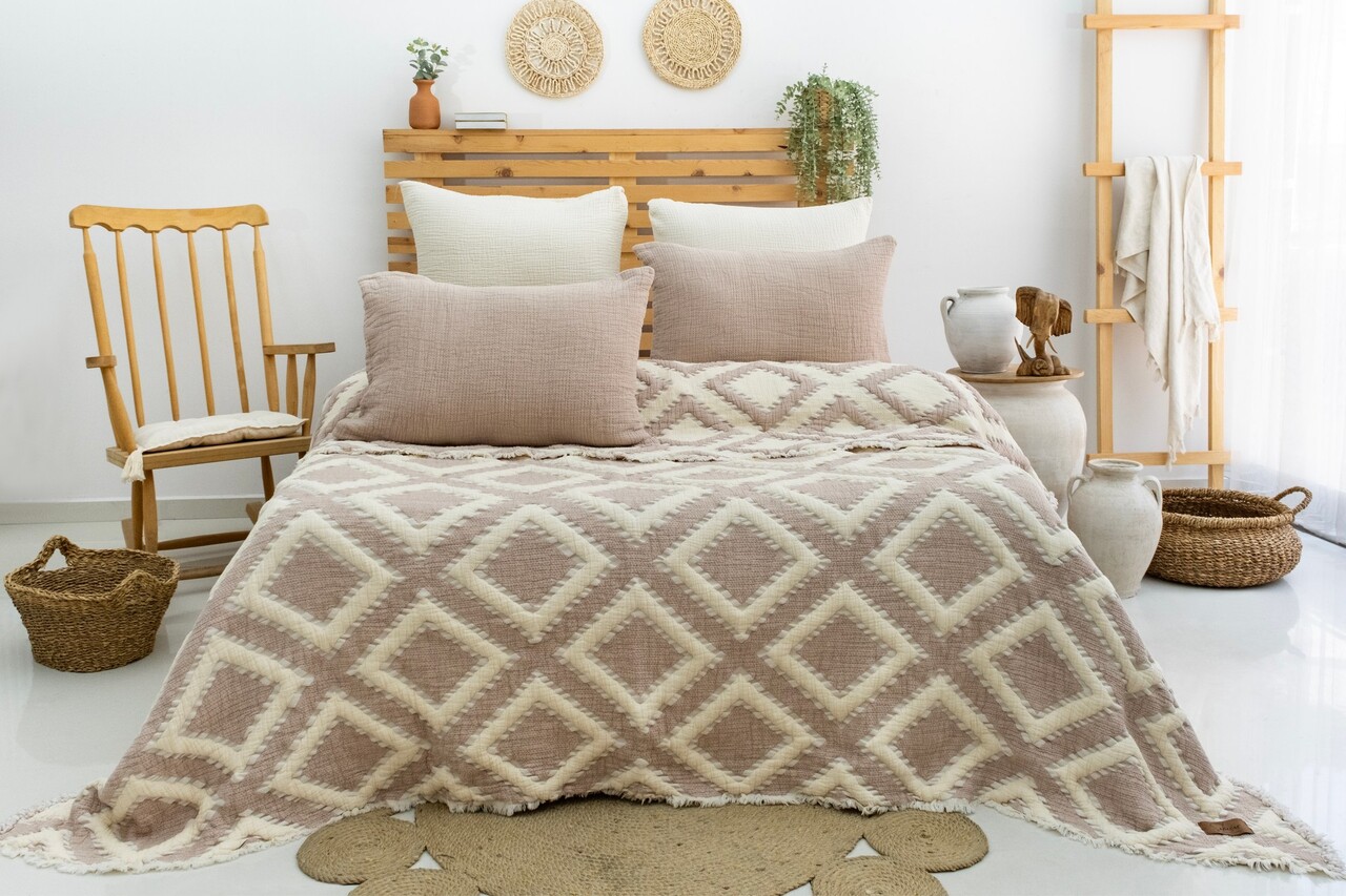 Set cuvertura pique dubla, Sonia - Beige, Şaheser, 70% bumbac/30% poliester