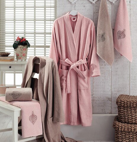 Set de baie family, cotton box, nakışlı aile, bumbac, pulbere / bej