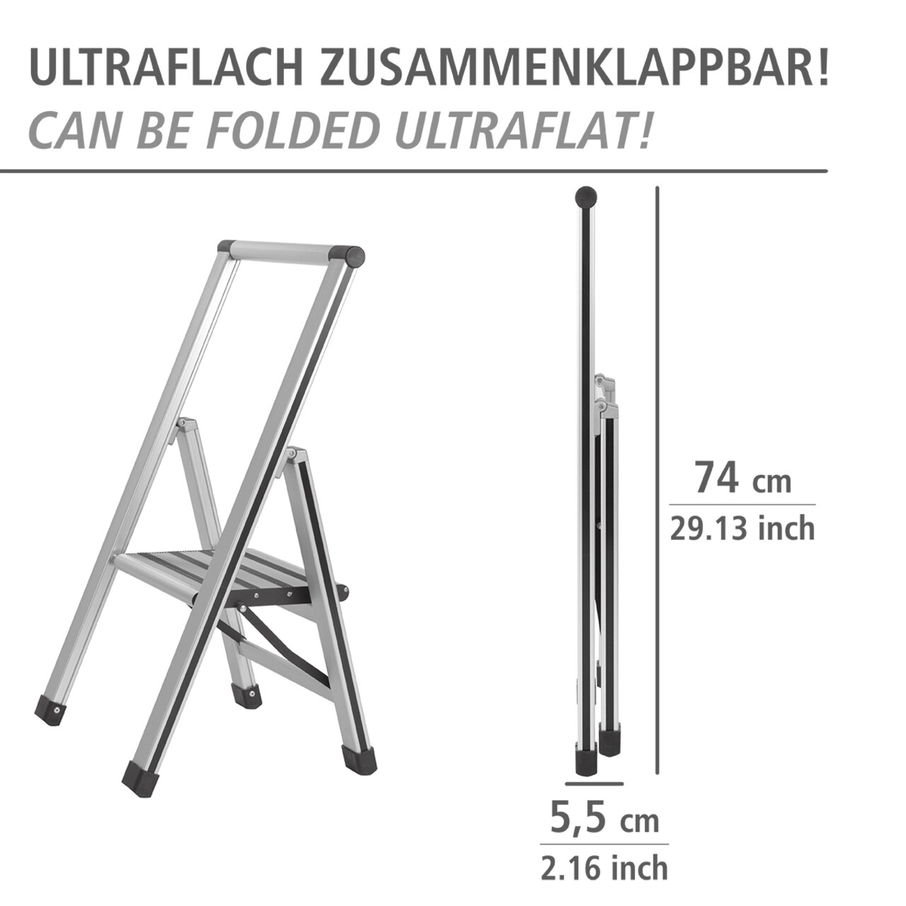 Scara pliabila, Wenko, 1-step, 44 x 74 x 5.5 cm, aluminiu/plastic, gri - 1 | YEO