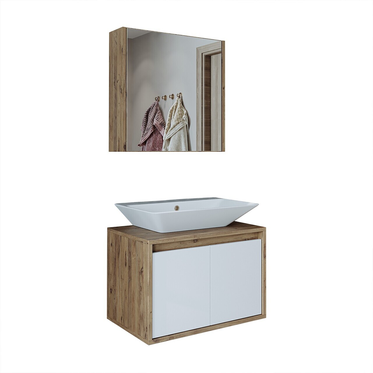 Set Dulap de Baie cu Chiuvetă și Oglindă (2 Piese), Hanah Home, 1759, MDF-LAM, Pin Atlantic / Alb Mat — imaginea 6