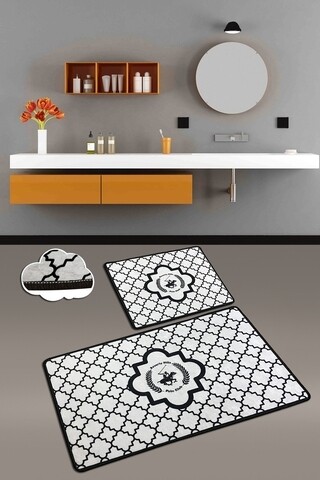 Set 2 covorase de baie figure, beverly hills polo club, 60x100 cm/50x60 cm, catifea, alb/negru
