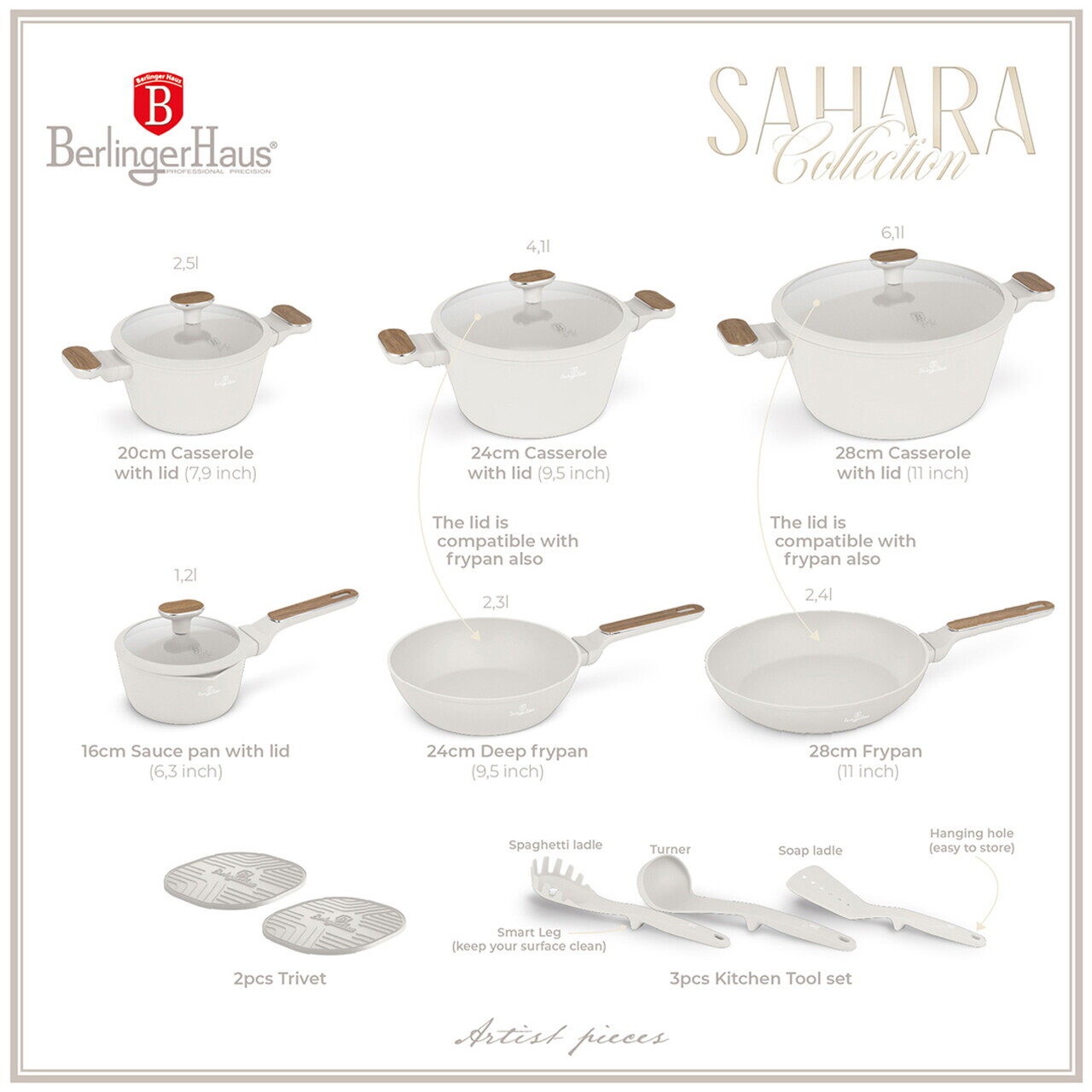 Set pentru gatit Berlinger Haus, Sahara Nordic, 15 piese, aluminiu forjat, crem mat/natur - imagine 9