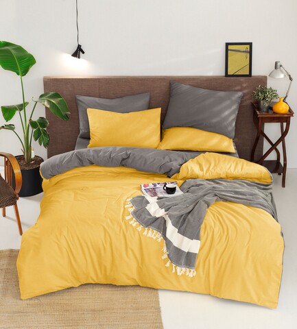 Lenjerie de pat dubla King Quilt(FR) Çift Yönlü , Mijolnir, 3 piese, 240x220 cm, bumbac ranforce, galben/gri