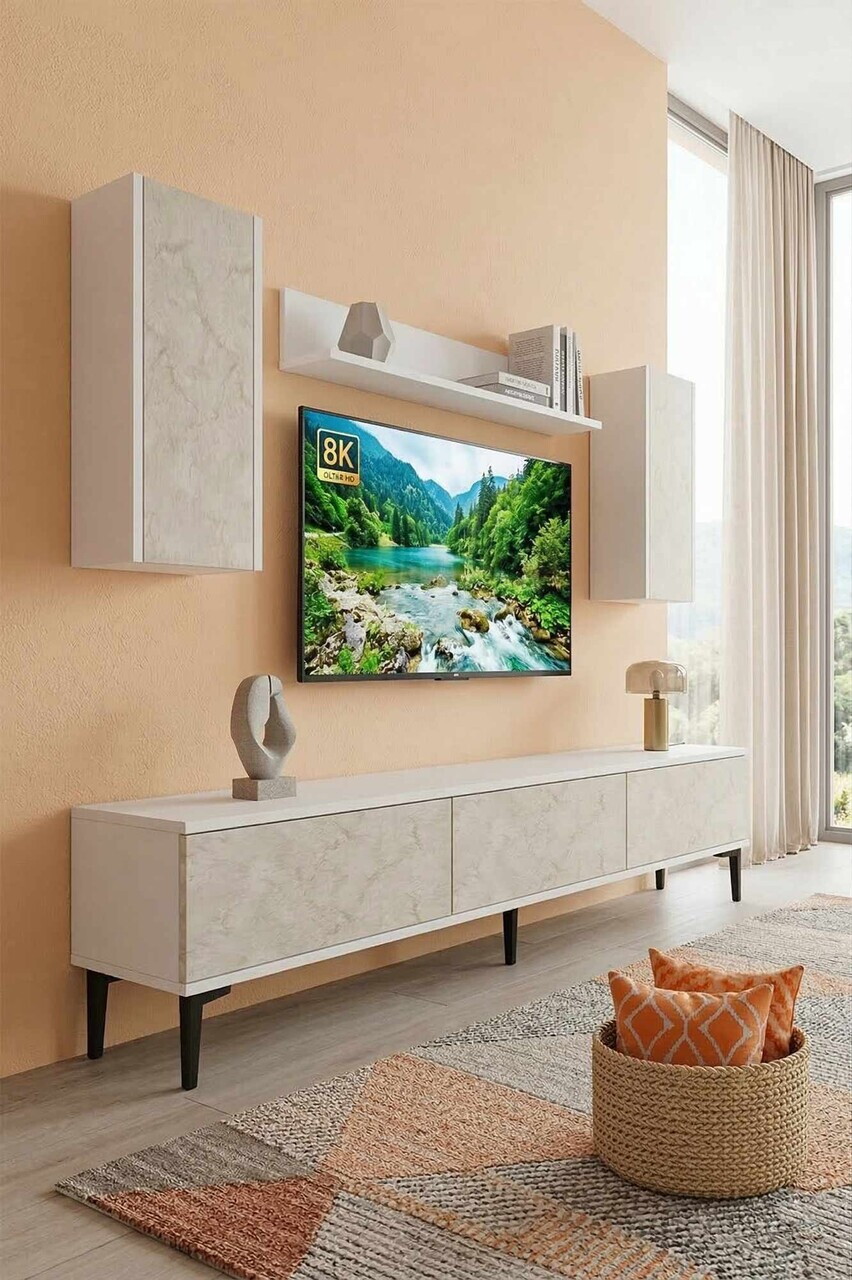Comoda TV, Hanah Home, Didema 180, 180x40.5x30 cm, Alb / Travertin