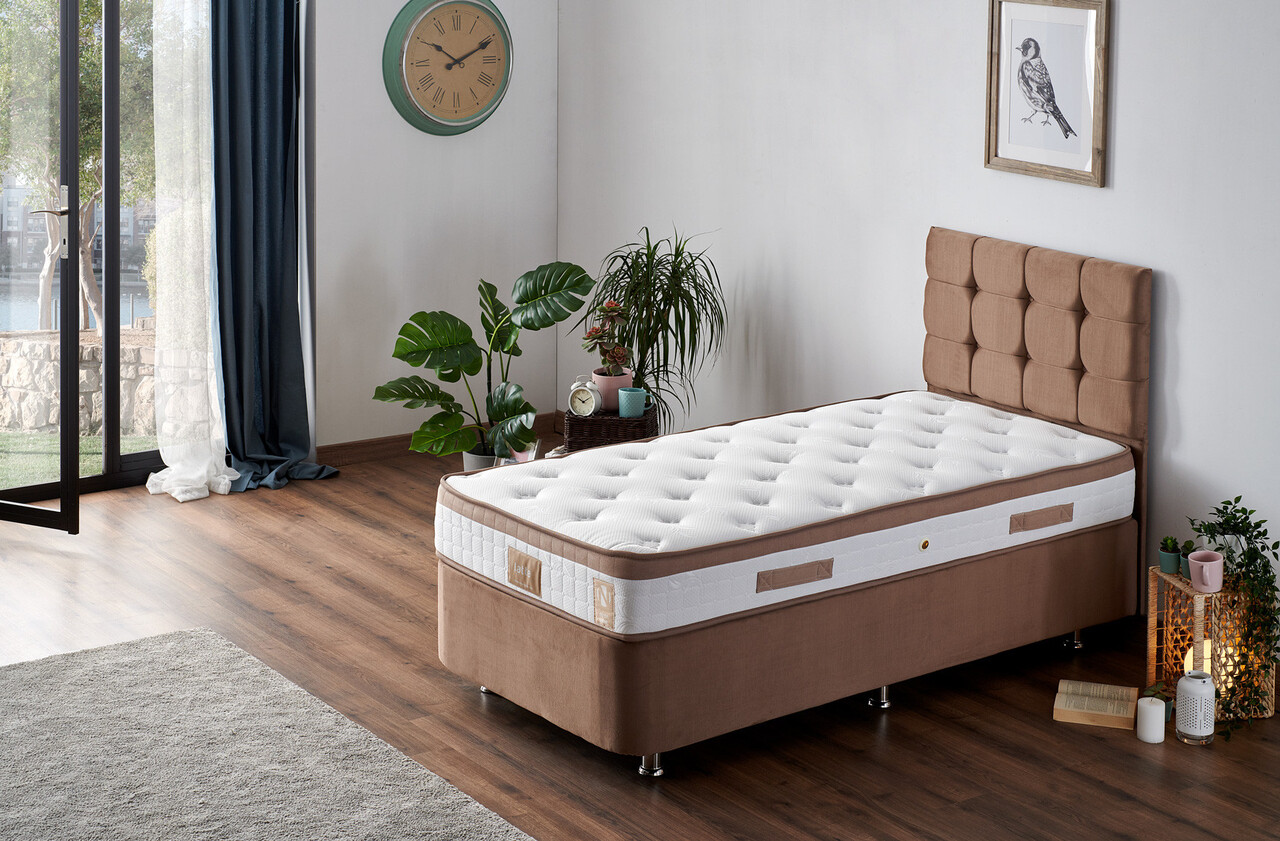 Saltea single, Base & Headboard, Niron, Latte, 80x38x180 cm, Cadru: OȚEL, Maro deschis - 1 | YEO