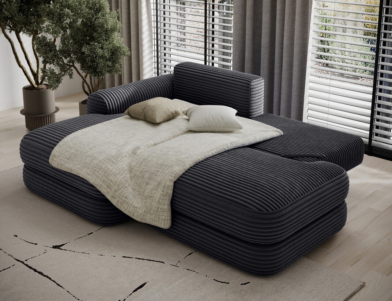 Coltar extensibil stanga 3 locuri ELTAP, Ripeli, 217x175x96 cm, lemn/catifea din poliester, negru — imaginea 6