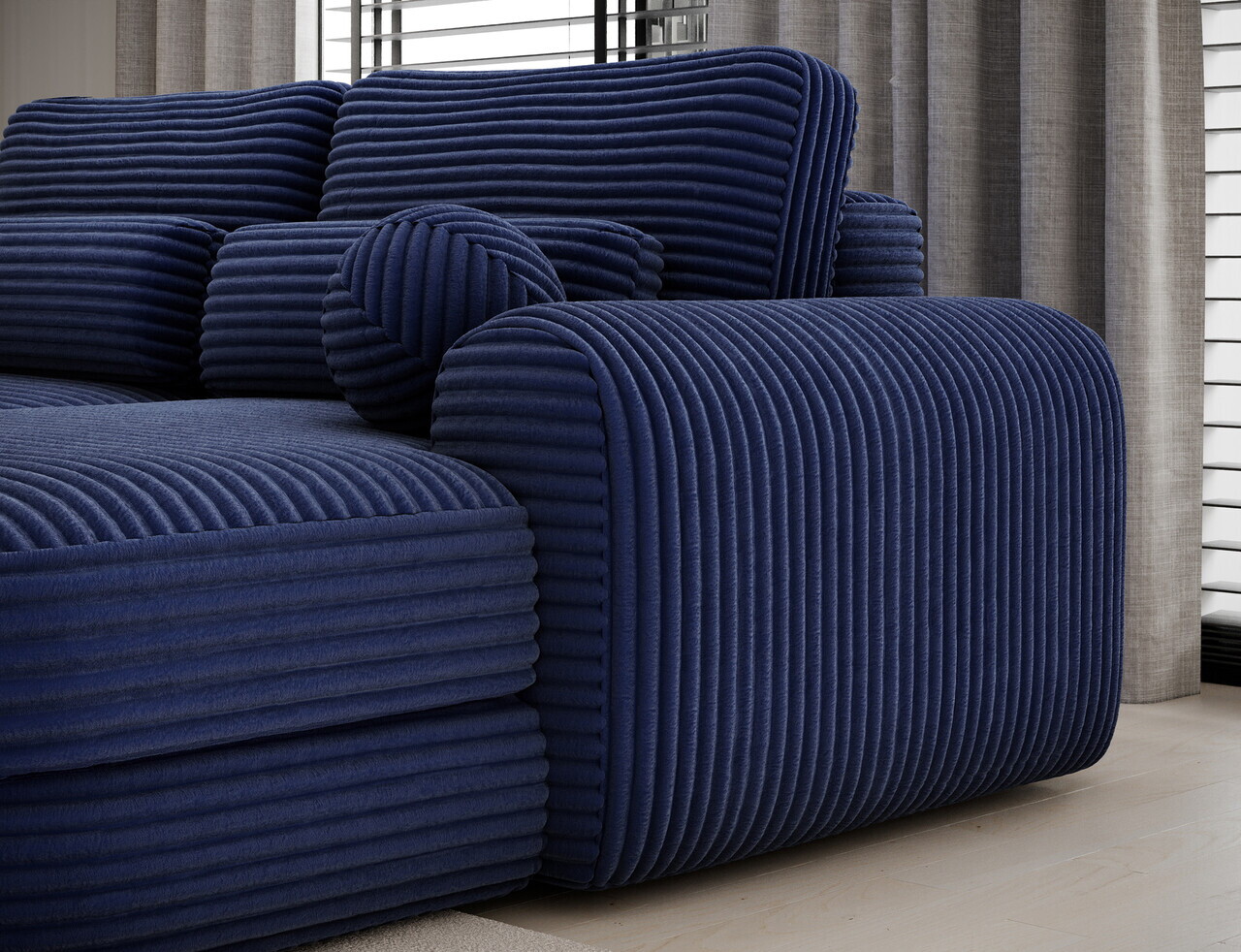 Coltar extensibil dreapta 3 locuri ELTAP, Ripeli, 217x175x96 cm, lemn/catifea din poliester, albastru inchis — imaginea 9