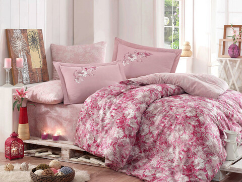 Lenjerie de pat dubla exclusive satin 6 piese, romina - pink, hobby, bumbac satinat