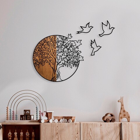 Decoratiune de perete, tree and birds 2, lemn/metal, dimensiune: 60 x 56 cm, nuc / negru