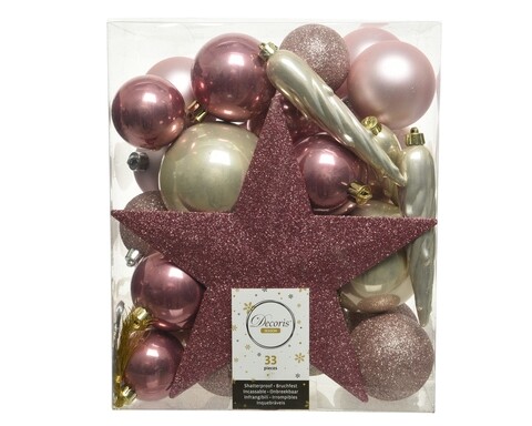 Cutie cu 33 globuri asortate si varf de brad Star Pink Champagne, Decoris, plastic, roz/sampanie Decoris