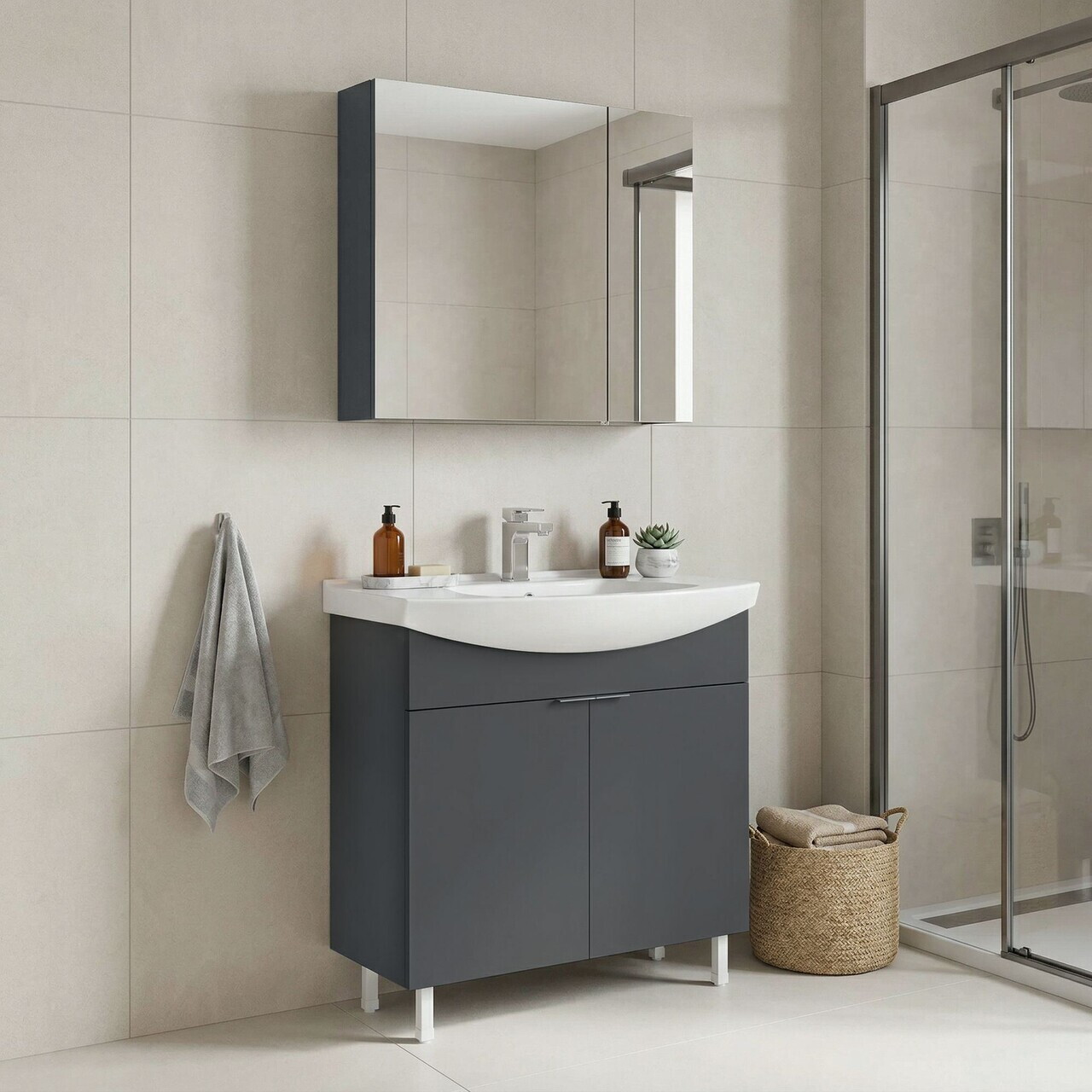 Set Dulap de Baie cu Chiuvetă și Oglindă (2 Piese), Hanah Home, Purus 80, Antracit mat