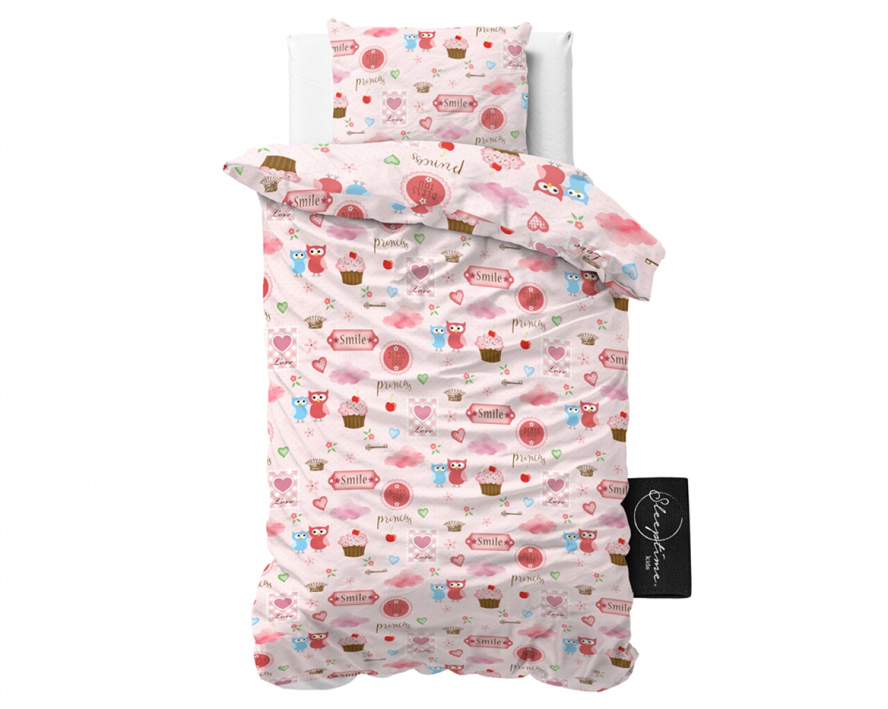 Lenjerie De Pat Pentru O Persoana, Small Love Pink, Sleeptime, Royal Textile, 2 Piese, 140 X 200 Cm, 100% Bumbac, Multicolor