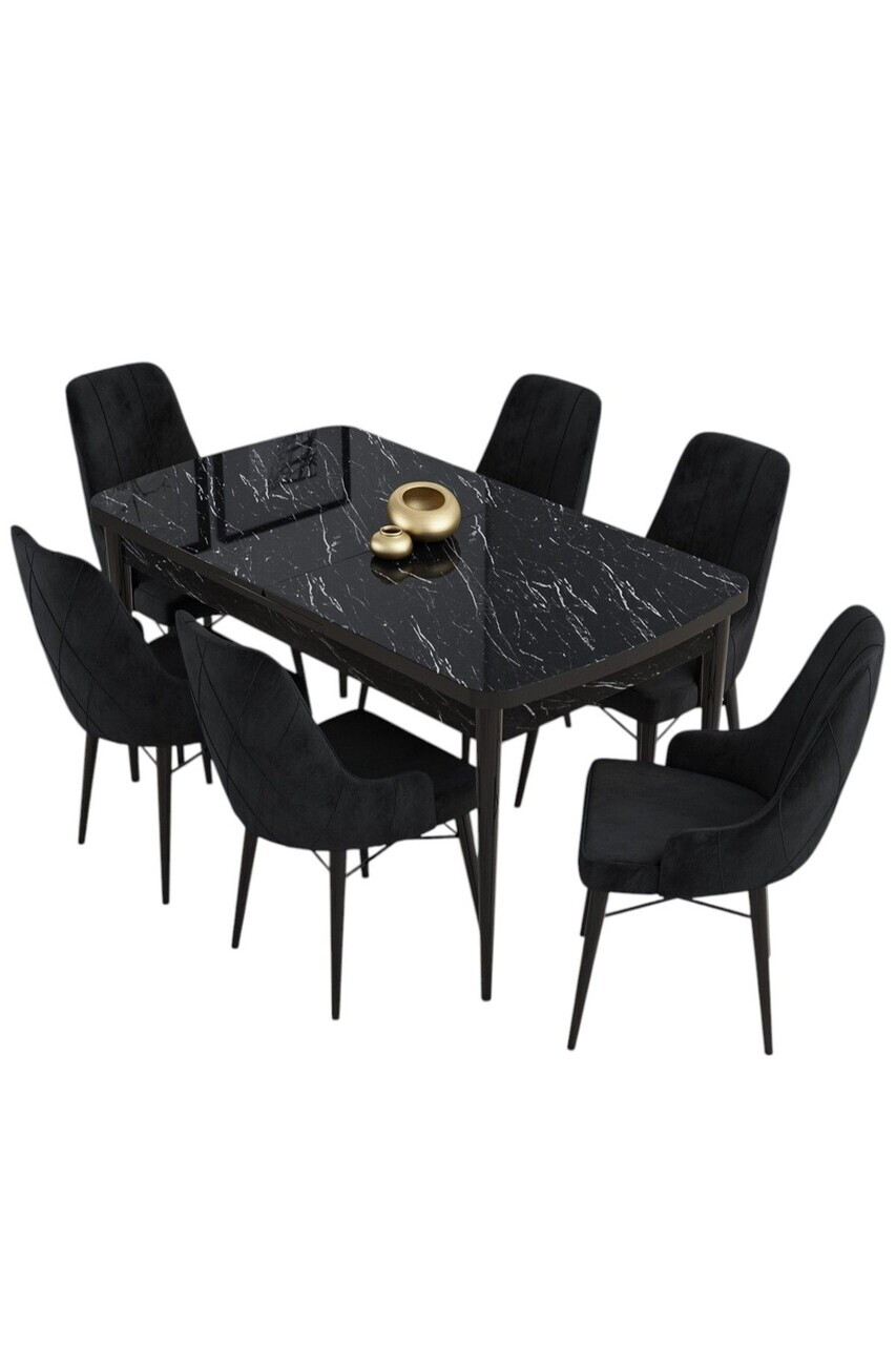 Set masa extensibila si scaune (7 piese), Hanah Home, Kar, Model de marmură neagră / Negru — imaginea 2