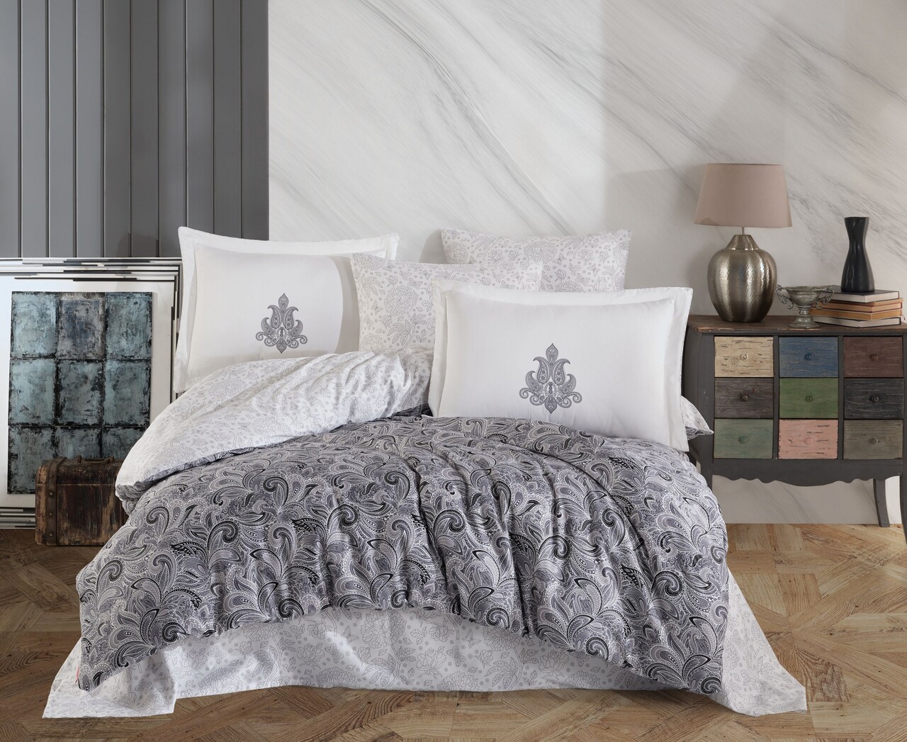 Lenjerie de pat dubla, Mirabel - Grey, Hobby, Bumbac Satinat