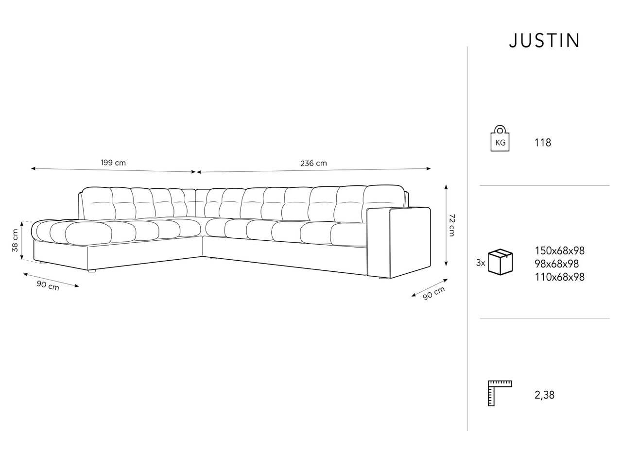 Coltar stanga 5 locuri, Justin, Micadoni Home, BL, 236x199x72 cm, catifea, gri