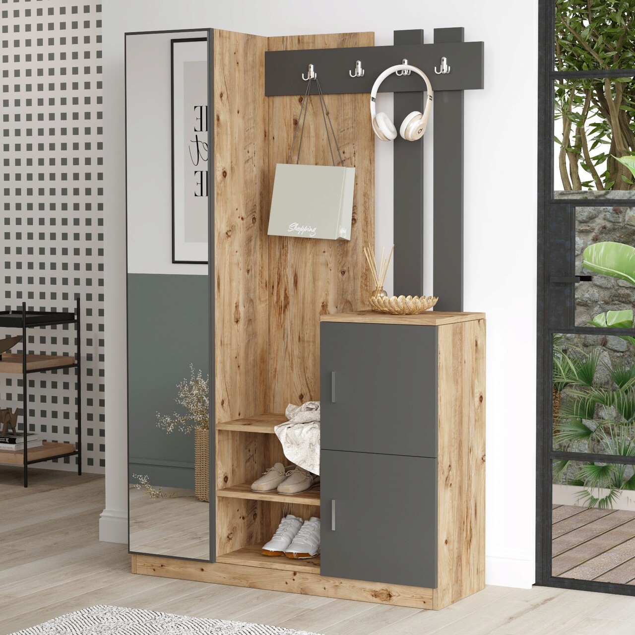 Cuier de perete, Locelso, DD7, 113.6x179.7x37.5 cm, Pin Atlantic / Antracit - 1 | YEO