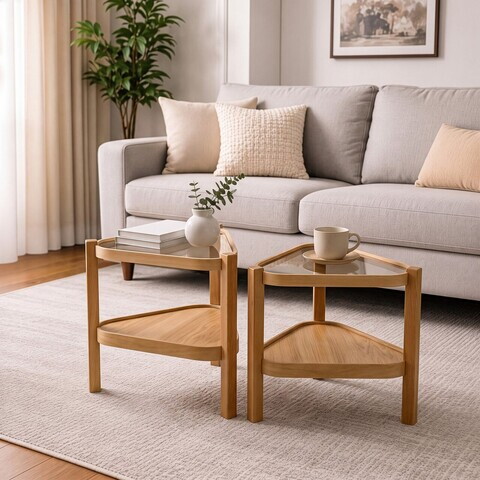 Set masute 2 piese, Hanah Home, Nesta 2, LEMN MASIV DE STEJAR, Stejar