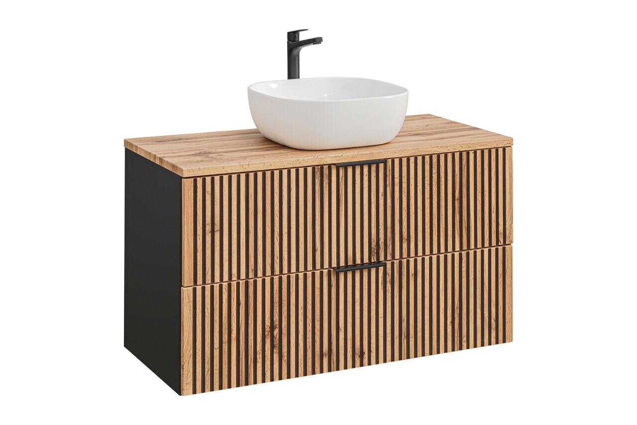 Set mobiler baie, dulap cu lavoar, 100 cm, Xilo, Comad, MDF/PAL laminat, stejar wotan/ gri piatra — imaginea 3