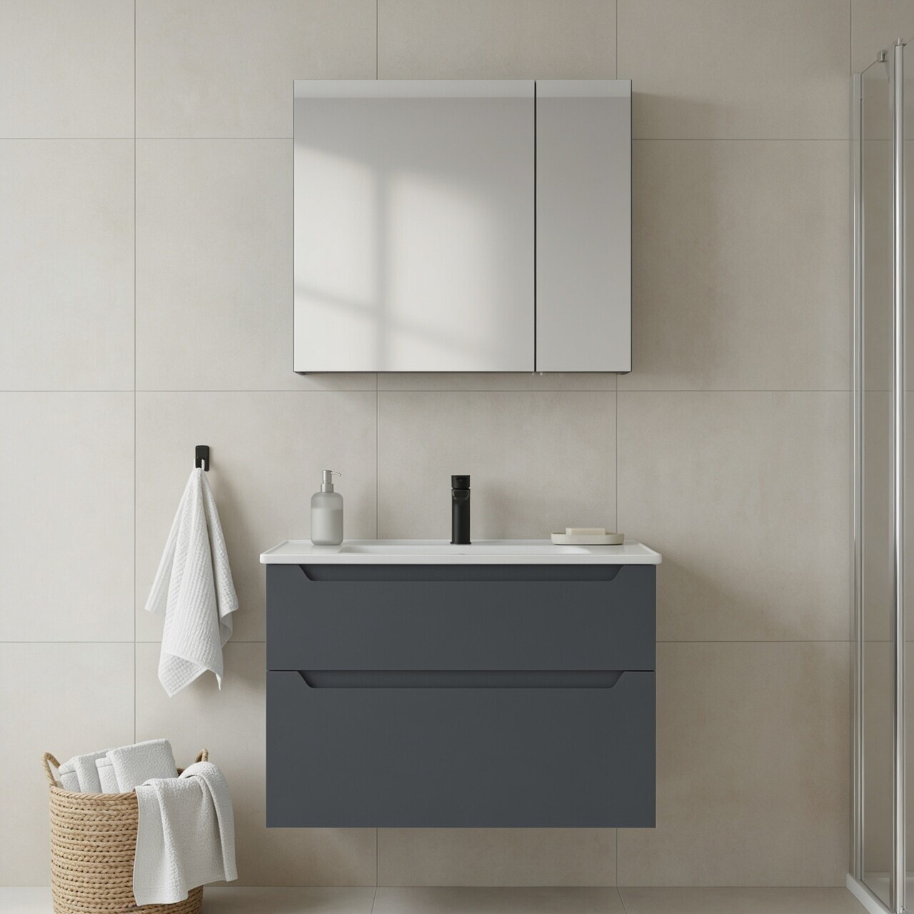 Set Dulap de Baie cu Chiuvetă și Oglindă (2 Piese), Hanah Home, Messina 85 v2, Antracit mat