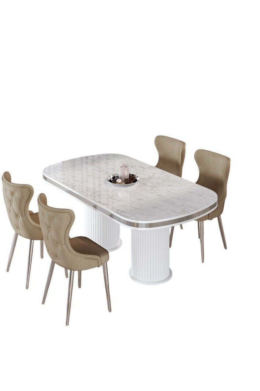 Set masa si scaune (5 piese), Hanah Home, Galya, Model de marmură albă / Crom / Cappuccino — imaginea 2