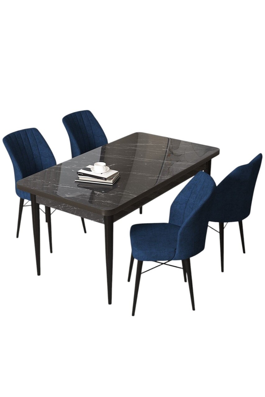 Set masă și scaune (5 bucăți), Hanah Home, Arp, Marmură neagră / Albastru marin - view 2
