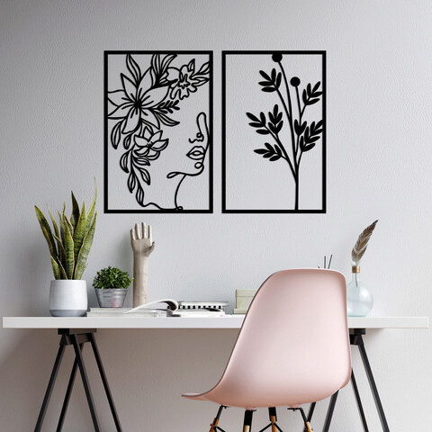 Decoratiune de perete, flower face, metal, 47 x 70 cm, negru