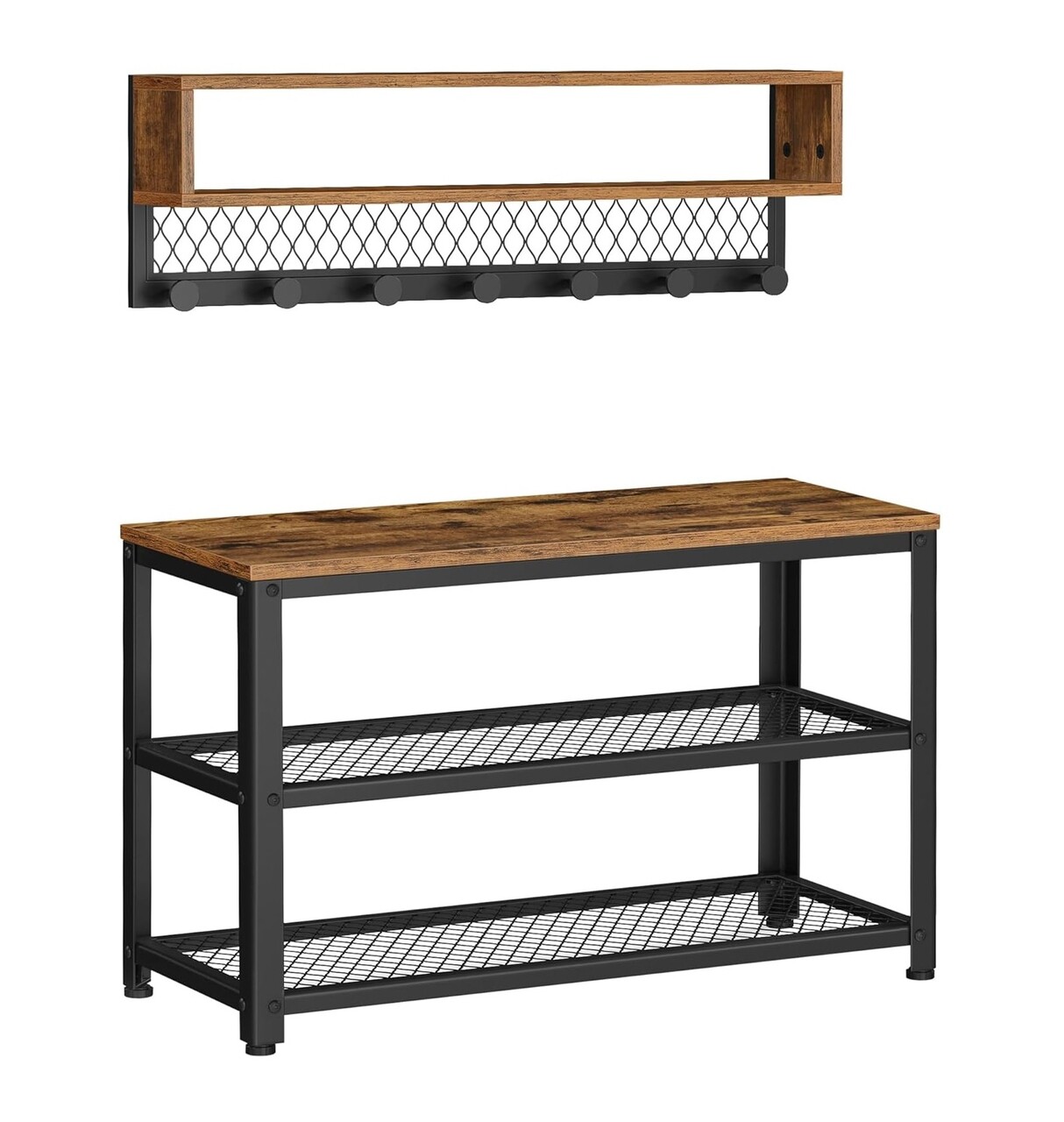 Set bancheta cu pantofar si cuier de perete, Vasagle, 73x30x45 cm/75.1x12.5x22 cm, PAL/otel, maro rustic