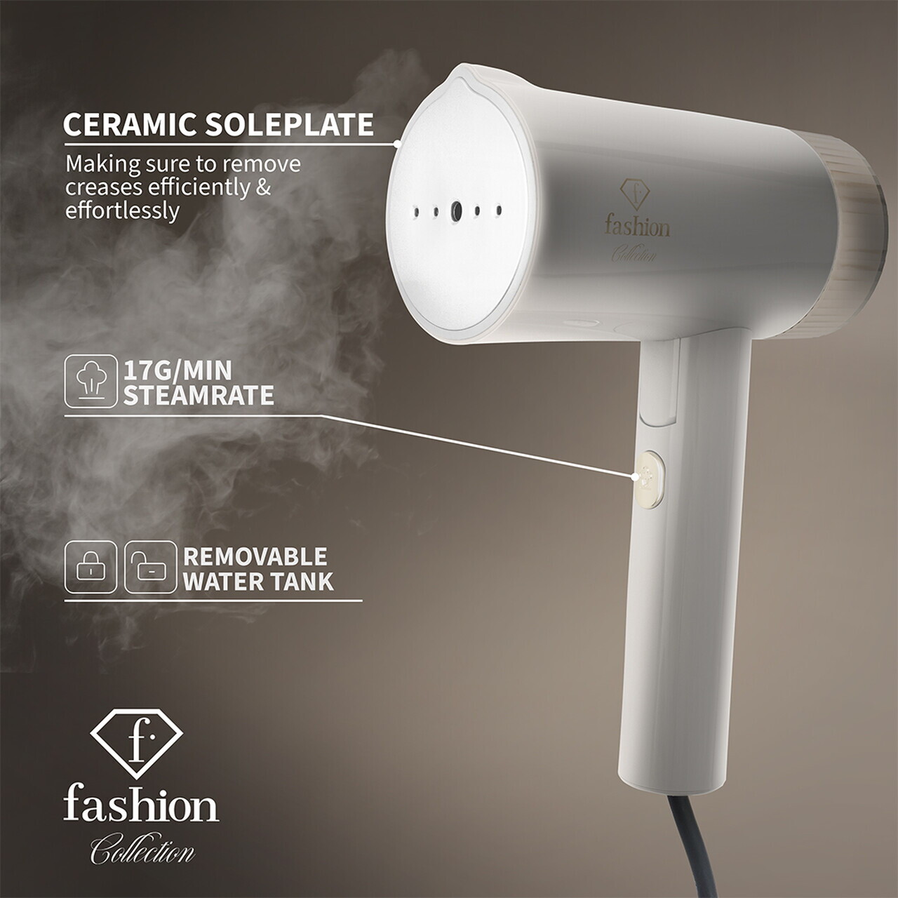 Aparat de calcat cu aburi portabil, pliabil Fashion TV, Matte Cream-Gold, 1000W, 100 ml, invelis ceramic, crem - imagine 5